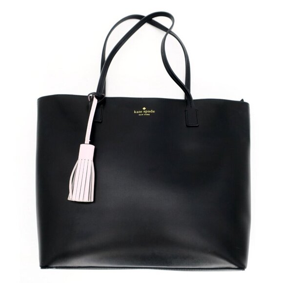 KATE SPADE Wright Place Karla Black Smooth Leather Shoulder Tote Bag Pink Tassel - Picture 1 of 6